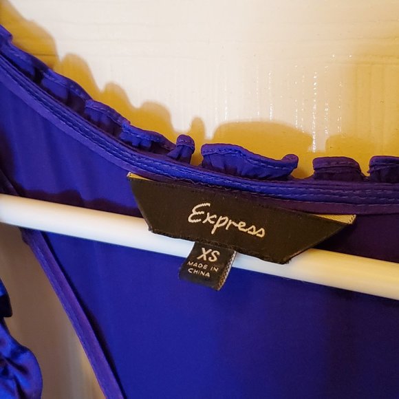 EXPRESS Silk Ruffle Collar Dress XS Cobalt Blue Purple racerback slip Y2K - Picture 3 of 10